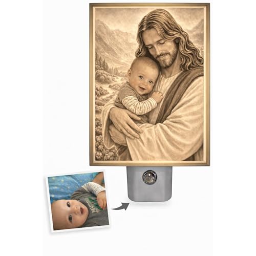Custom Jesus Night Light Personalized with Your Photo - Custom Nightlight Gift for Kids, Baptism, First Communion, Confirmation - Plug-in LED Night Light with Jesus in Plastic