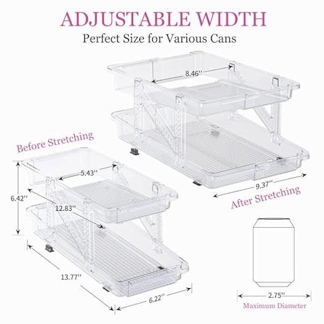 Refrigerator Storage Containers, Adjustable Width Rolling Soda Dispenser & Storage Rack - Beverage & Pop Can Holder Drink Organizer for Fridge, Pantry, Cabinet & Countertop (2 Pack, Clear)