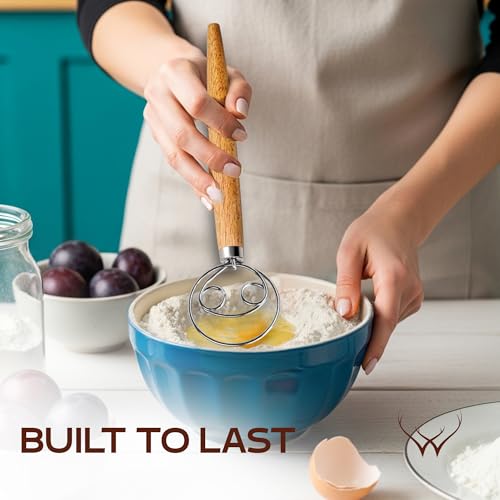 Image of 13 Inch Danish Dough Whisk Stainless Steel Hook with Long Wooden Handle - Essential Dough Whisk & Sourdough Bread Baking Supplies for Mixing, Whisking & Baking Pizza Dough