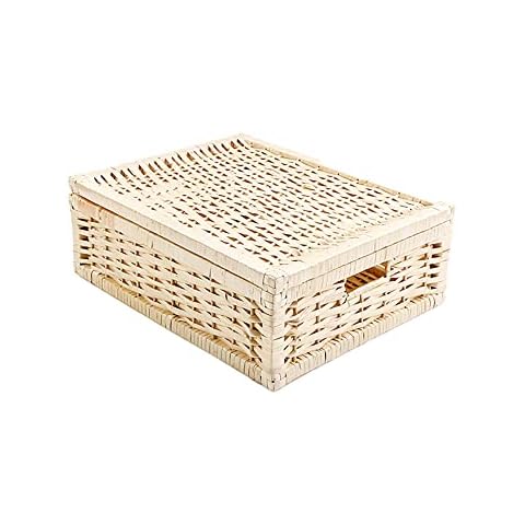 Kingwillow Rectangular Woven Wicker Basket for Organizing, Wooden Framed Storage Basket with Lid and Inside Handles Cover