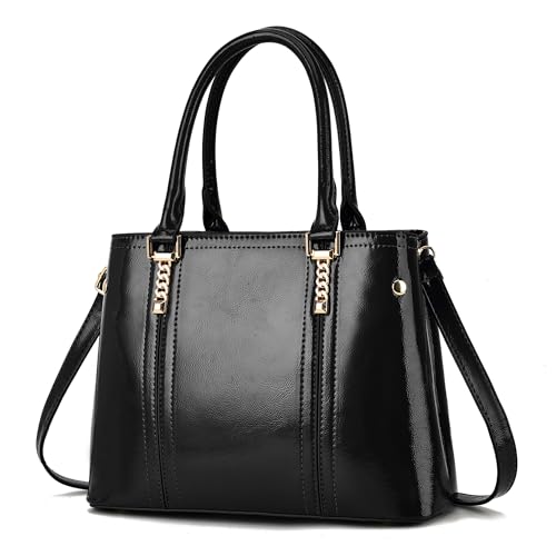 Nevenka Bolsa feminina de couro envernizado com alça superior grande, bolsa de ombro feminina.., Preto 2