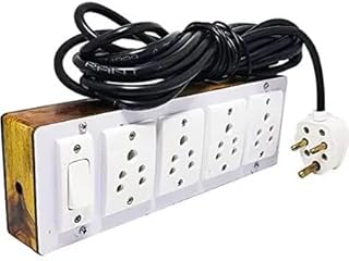 Wooden Extension Board with Switch -1, Socket-4, Wire -3 Miter | Heavy Duty Power Strip with Universal Sockets | Long Wire...
