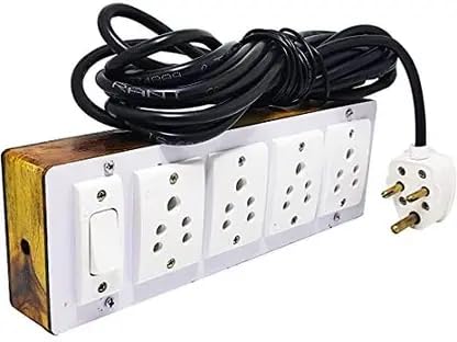 Wooden Extension Board with Switch -1, Socket-4, Wire -3 Miter | Heavy Duty Power Strip with Universal Sockets | Long Wire Extension Box for Home & Office