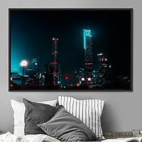 Framed Canvas Wall Art City Illuminations Aerial Cityscape Contemporary Multicolor Photography Places Realism - 16x24 inches