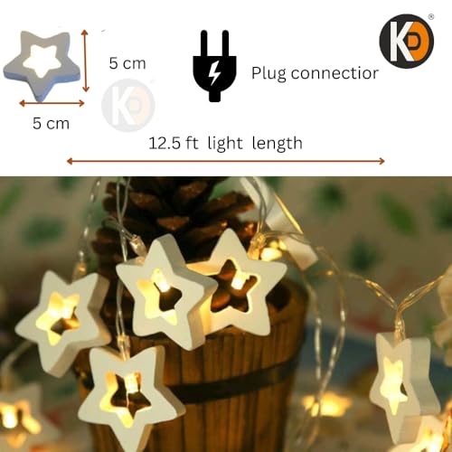 Image of K D 20 LED Wooden Star Warm Yellow 12.5 FT String Fairy Lights - Plug Operated Christmas & Festival Decor Lamp