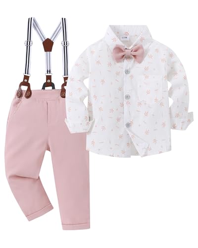 Image of YALLET Toddler Baby Boy Clothes Suit Gentleman Wedding Outfits Formal Dress Shirt+Bowtie+Suspender Pants