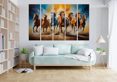 Image of KYARA ARTS seven Horses Wall Painting for Living Room Big Size(30inchx48inch) 7 Running Horses Painting Vastu for Bedroom, Office, Hotel - Wall Decor Wooden Framed-Digital Painting
