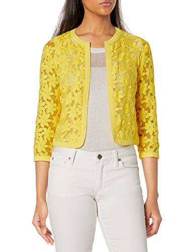 Anne Klein Women's Floral LACE MESH Cardigan, Citron, 16