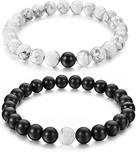 Colorful Bling Couples His And Hers Bracelet Black Matte Agate & White Howlite 8Mm Beads By Long Way 7.1"&7.6"-Style 1 #TOP24