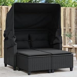 ChicAbode Gartensofa 2-Sitzer mit Dach und Hockern Schwarz Poly Rattan Gartebmöbel Gartengarnitur mit Vordach