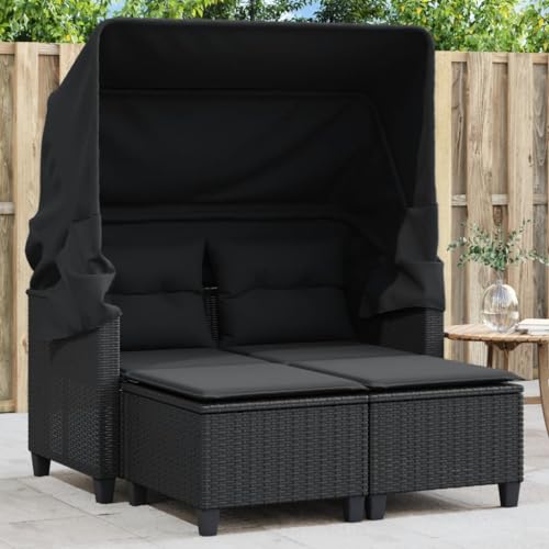 ChicAbode Gartensofa 2-Sitzer mit Dach und Hockern Schwarz Poly Rattan Gartebmöbel Gartengarnitur mit Vordach