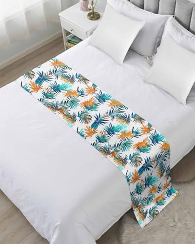 Teal Orange Palm Leaf Bed Runner for King Size, Summer Leaves Botanical Bedspread Protector Slipcover Bed Scarf for Foot Runners & Scarves for Bedroom Hotel Wedding Room 102x20 Inches