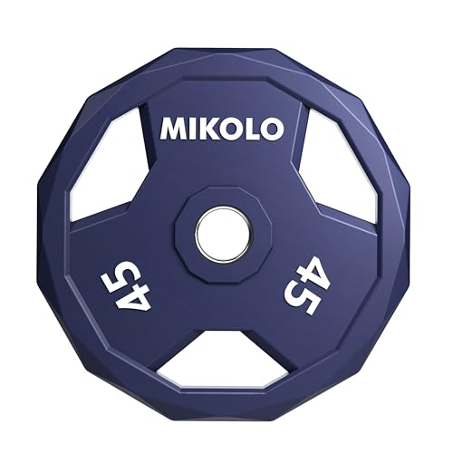 Mikolo Olympic Weights Set 2-Inch Rubber Plates, 12-Sided Non-Roll Rubber Grip with 3 Handles for Home Gym, Strength Training 45 LB Single