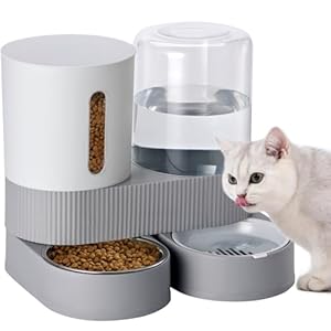 Automatic Dog Cat Water Dispenser Gravity Feeder and Water Dispenser Stainless Steel 2-in-1 Set Large Capacity Dispenser for Pets Dogs, Puppies, Kittens（Grey）