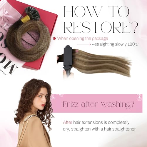 Image of Moresoo U Tip Human Hair Extensions, Brown Honey Blonde Balayage, 14 Inch | 40g 50 strands, keratin bonded tips for stylist installation, soft straight hair supports curling and straightening
