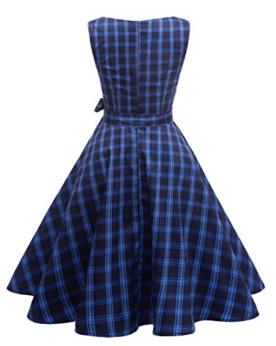 Hanpceirs Women's Boatneck Sleeveless Swing Vintage 1950s Cocktail Dress Blueplaid L