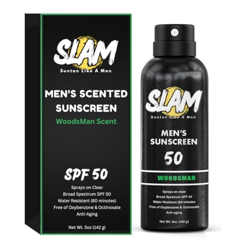 Slam Lotion 1234567 Slam Woodsman Men'S Scented Sunscreen Spray – Broad Spectrum Spf 50, Water & Sweat Resistant, Reef Safe Sun Screen Spray, Uva/Uvb Protection – Teakwood Scented Sunscreen Spray For Body & Face cover