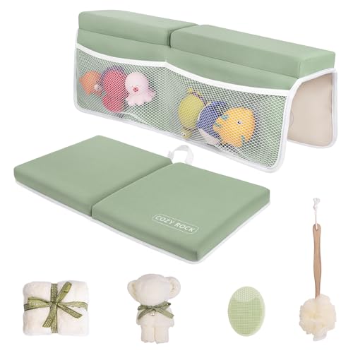 Image of Baby Bath Kneeler and Elbow Rest Pad Set, Kneeling Pad for Bathing Baby and Elbow Pad with Bath Brush and Hand Towel, Bathtub Kneeler and Elbow Rest Set with Organizer - Cozy Green