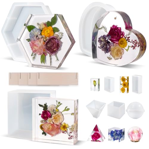 LET'S RESIN 8Pcs Resin Molds Silicone,Deep Epoxy Resin Molds for Flower Bouquet Preservation,Large Silicone Molds for Resin Casting Craft Including Square Hexagon Heart Resin Mold