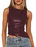 Vivitulip Women's Faux Leather Ruched Tank Top High Neck Sleeveless Cami Shirt Wine Red