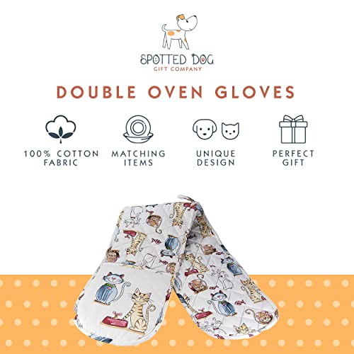 SPOTTED DOG GIFT COMPANY Double Oven Gloves Heat Resistant Oven Gloves, Mitts Potholder for Home Cooking & Baking, Cute Cat Themed Kitchen Accessories Gifts for Cat Lovers Women Men