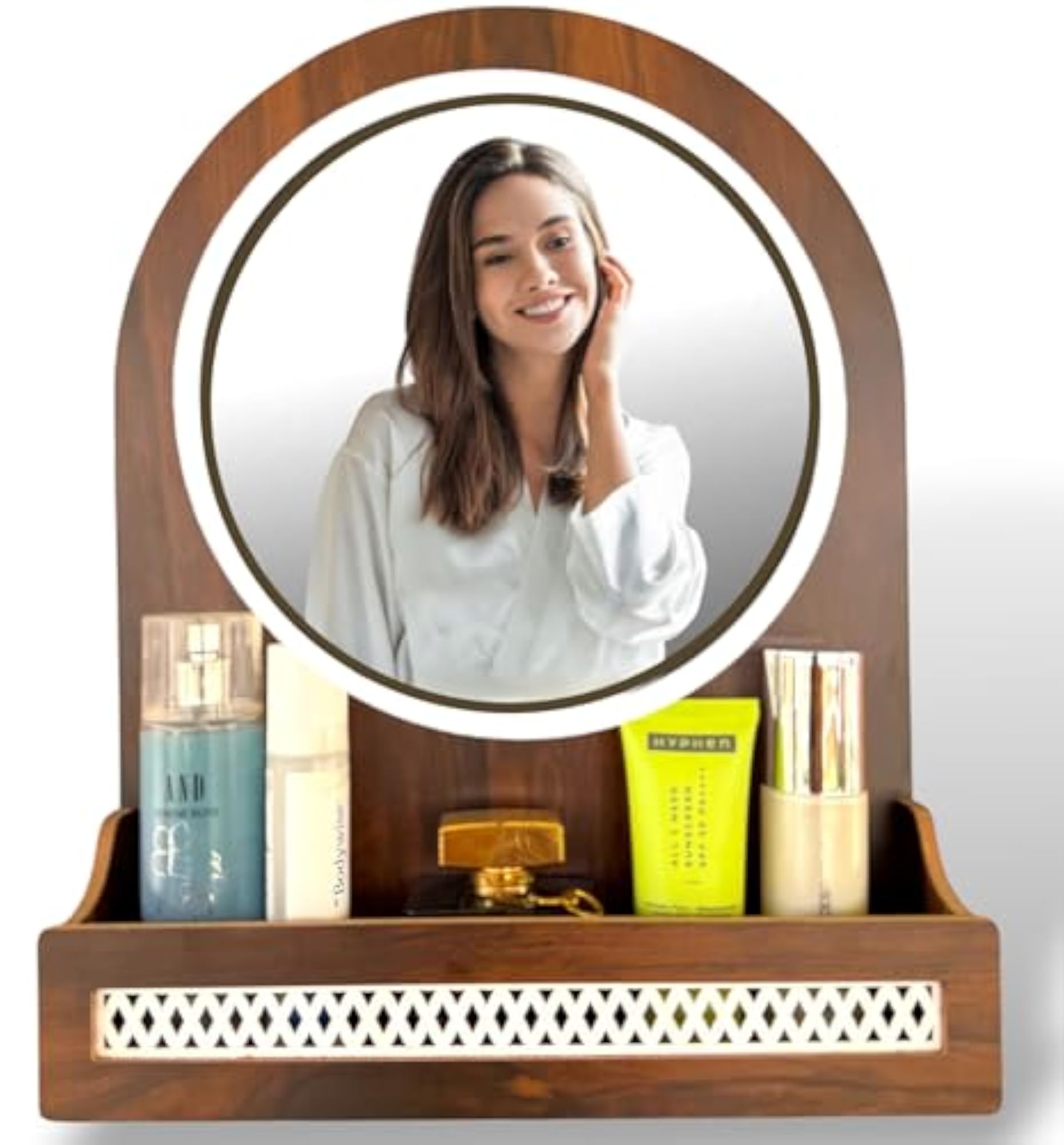 Wooden Wall Mounted Dressing Round Mirror with Storage Shelf