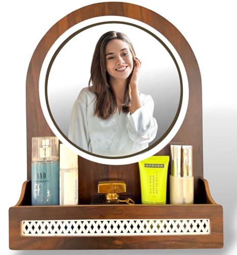 Image of 7CR Wooden Wall Mounted Dressing Round Mirror with Storage Shelf, Round, Walnut Brown, 43.5 x 33.4 x 8 cm