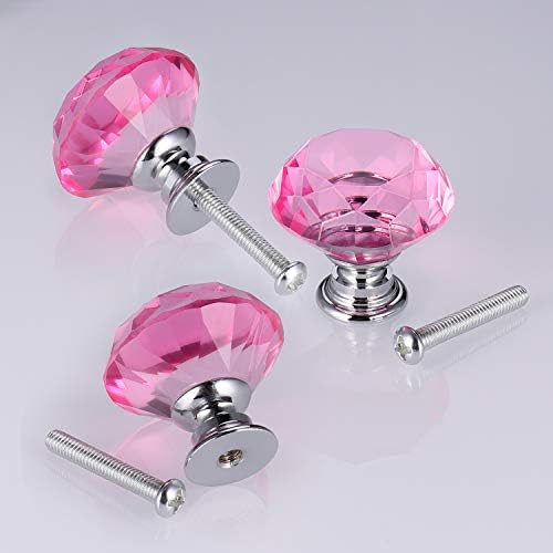 JIZZU 10Pcs Pink Crystal Door Knobs for Cupboards & Wardrobes with Screws, Glitter Pink Crystal Handles for Drawer, Elegant and Delicate Pink Door Knob for Chest of Drawer, Reflecting Brilliant Colors