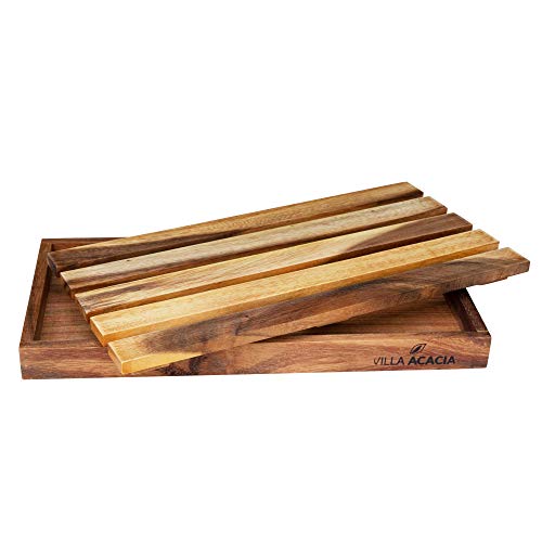 Villa Acacia Wood Bread Board - 12 x 7 in Handcrafted Wooden Cutting Board Slicer Tray with Handle