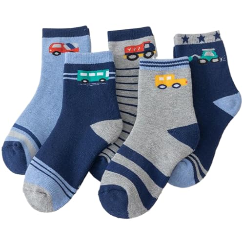 Perodlly Toddler Socks for Age 6-8, 5 Pairs Thick Warm Kids Winter Socks, Mid-Tube Kids Wool with Elastic Rib Edge, Car Pattern Toddler Boy for Cold