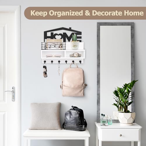 VISV-Key-Holder-Wall-Mount-Wooden-Key-Mail-Holder-Decorative-Key-Rack-with-Shelf-Key-Mail-Organizer-with-Iron-Storage-Basket-6-Key-Hooks-2-Compartments-for-Entryway-Doorway-Hallway-White