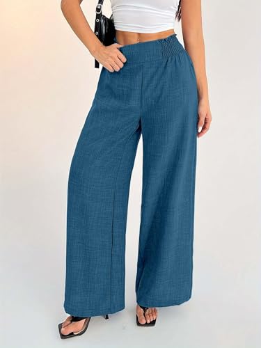 Image of Sugathari Women's Casual Wide Leg Pants - High Waist Elastic Waistband Loose Fit Long Trousers | Lightweight Straight Leg Summer PantsTrouser 254