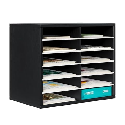 PAG Wood Desktop Literature Organizer Adjustable File Sorter Mail Center Magazine Holder Paper Storage Cabinet Classroom Keepers Mailbox for Office Home School, 12 Compartments, Black&White