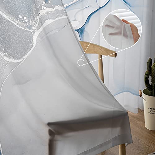 Blue Marble Sheer Curtains 84 Inch Length 2 Panels Set For Living Room/Bedroom, Blue Grey Stripes Marble Texture Nature Tone Semi Curtain Sheers Drapes Rod Pocket Curtains Window Treatment Set #TOP4