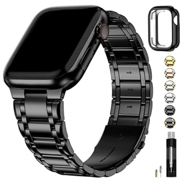 Fullmosa Pulseiras Compatíveis com Apple Watch 49mm 45mm 44mm 42mm 41mm 40mm 38mm, Pulseira de Aço Inoxidável com Capa para Apple Watch Ultra2 Ultra Series 9 8 7 6 5 4 3 2 1 SE SE2, 45mm 44mm 42mm Preto