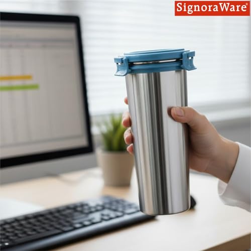 Image of Signoraware Lock N Store Stainless Steel Round Tumbler | Airtight & Leakproof | Compact Design | Easy to Clean | Ideal for Office, School, Travel, and Home Use (500ml | Eblue)