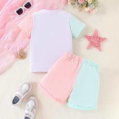 Image of Cakaner Toddler Kids Girl Clothes Floral Letter Graphic Top + Shorts 2PC Girls Summer Short Set