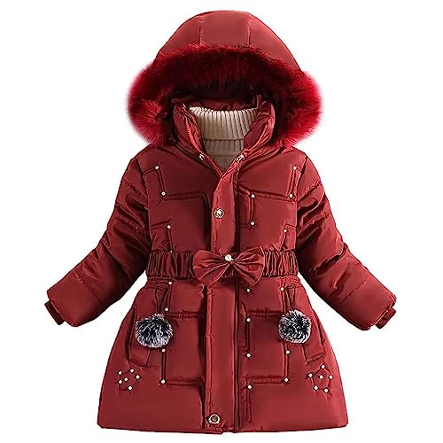 linboo Doudoune Fille Princesse Manteau Hiver Blouson Polaire Veste Enfant Chaude à Capuche Fourrure Epaisse Parka avec Perles Cloutées, Rouge, 4-6 ans