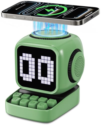 Image of Retro Robot 5-in-1 Bluetooth Speaker: 15W Wireless Charger, Pixel LED Screen, 10W Stereo Sound & 15 White Noise, Alarm Clock, Cute Portable Wireless Speaker for Bedroom Desk Office, Birthday Gifts