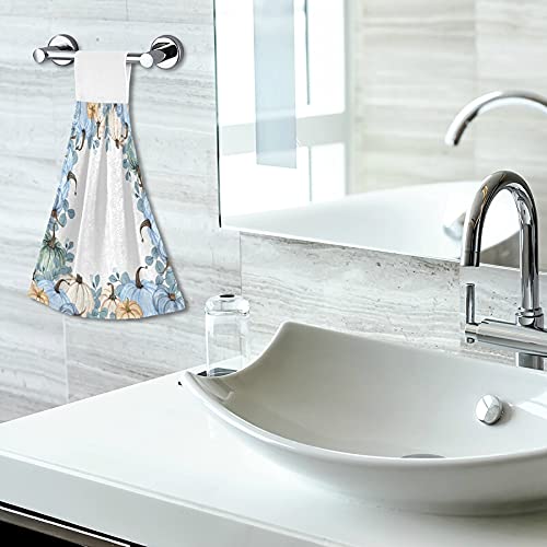 Green Blue Pumpkins Fall Kitchen Hand Towels Thanksgiving Autumn Harvest Hanging Tie Towels Dish Towel With Loop 2Pcs Soft Super Absorbent Fingertip Towel For Bathroom Washroom Guestroom Hotel #TOP5