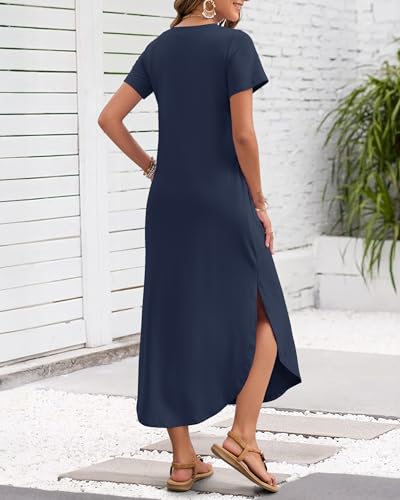 Image of MISFAY Women's Summer Maxi Dress 2026 Casual Short Sleeves V Neck Loose Sundress Split Long Beach T Shirt Dress