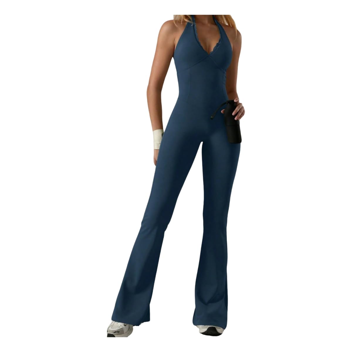 Ropa de Yoga para Mujer Body con Cuello En V Encaje, Traje Deportivo Alta Elasticidad Halter Acampanado, Deportiva Una Pieza-re-s