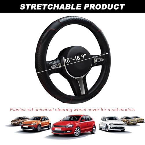 DXNQ Car Steering Wheel Cover, 15 Inch Carbon Fiber Leather Stitching Color Steering Wheel Protector, Anti-Slip Elastic Breathable Steering Wheel Cover Stylish Decor for Most Cars (Black)