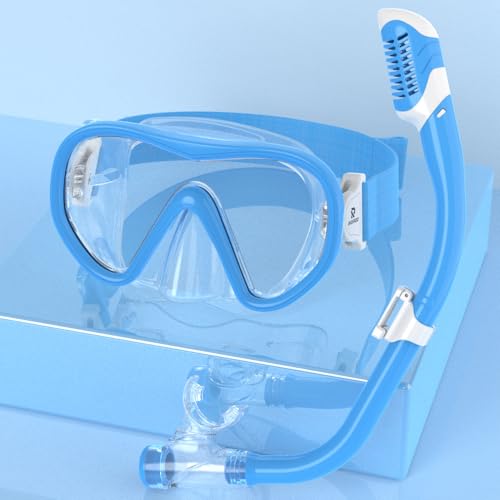 RIOROO シュノーケル 子供 シュノーケリングセット 曇り止め UVカット 強化ガラス 広い視野 着脱簡単 初心者向け 男女兼用 4-15歳 日本語説明書付き