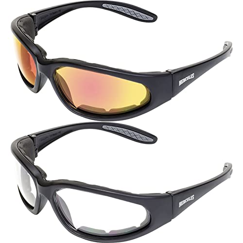 Global Vision Hercules Plus Safety Sunglasses 2 Pair Black Frames G Tech Red Mirror Lenses + Clear Lenses