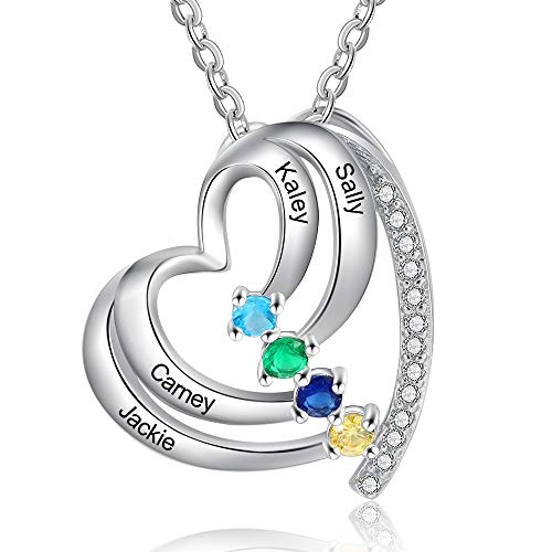 Grandma Mother Daughter Necklace with Simulated Birthstone Personalized 4 Names Heart Pendant Promise Family Jewelry for Women