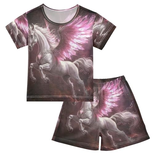 ALAZA Unicorn Wing Horse Animal Pajamas Set Short Sleeve Cotton Sleepwear Summer Pjs 2 Piece 5-14Y