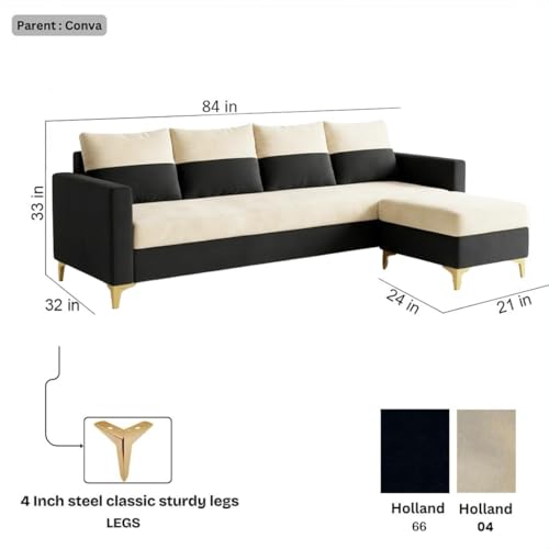 Image of FURNY Canvora 5 Seater L Shape Sofa Set with Movable Ottoman | Flexible Left or Right Layout | Plush Velvet Fabric (Cream-Black) | Perfect for Living Room, Guest Room & Office