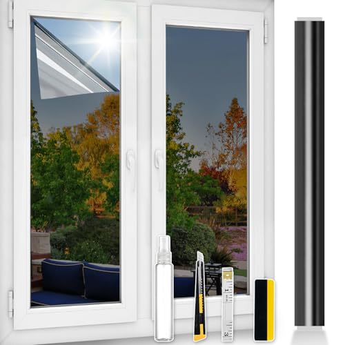 ConCus-T One Way Window Film UV Sun Blocking Heat Control Reflective Window Tint Static Cling Mirror Film Privacy Solar Film With Kits, Black Silver, 44.5x200cm