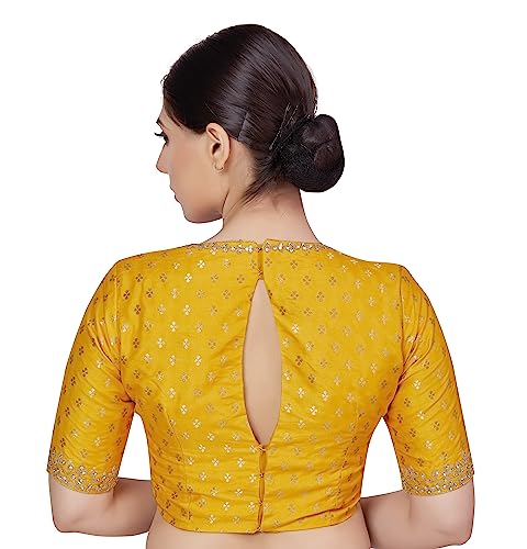 Image of Studio Shringaar Women's Brocade Embroidered V-Neck Readymade Elbow Length Sleeves Saree Blouse